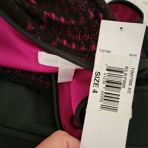 London Times Dark Pink & Black Abstract Lace Top Color Block Short Dress NEW - Picture 9 of 11